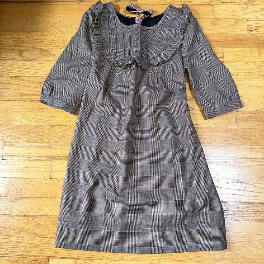 Juicy Couture Dress Womens 4 Brown Plaid Ruffle Wool‎ Blend Long Sleeve Belted